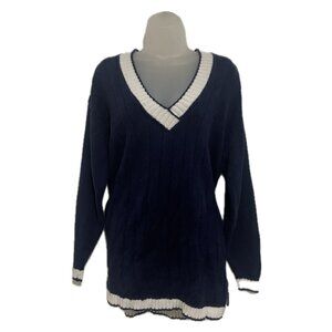 Women's One Size Loose Fitting Navy Blue and White Sweater by SK Wear